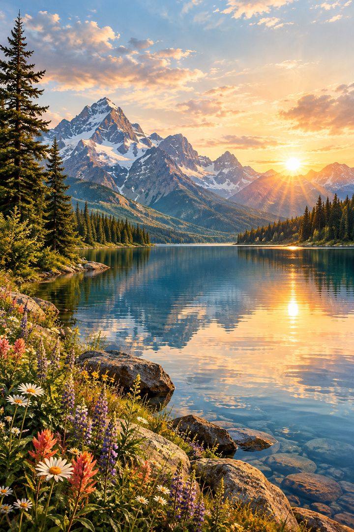 Sunrise over a mountain lake with wildflowers