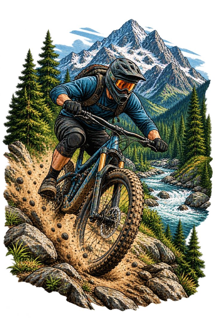 Mountain biker riding downhill past a river