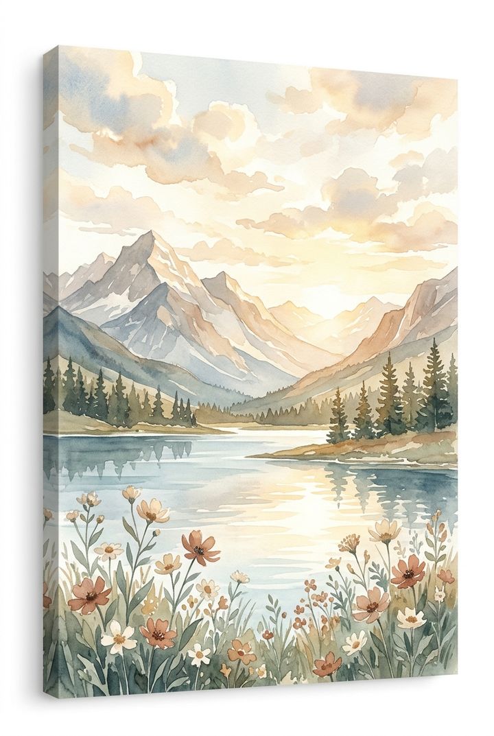 Watercolor mountain landscape on canvas